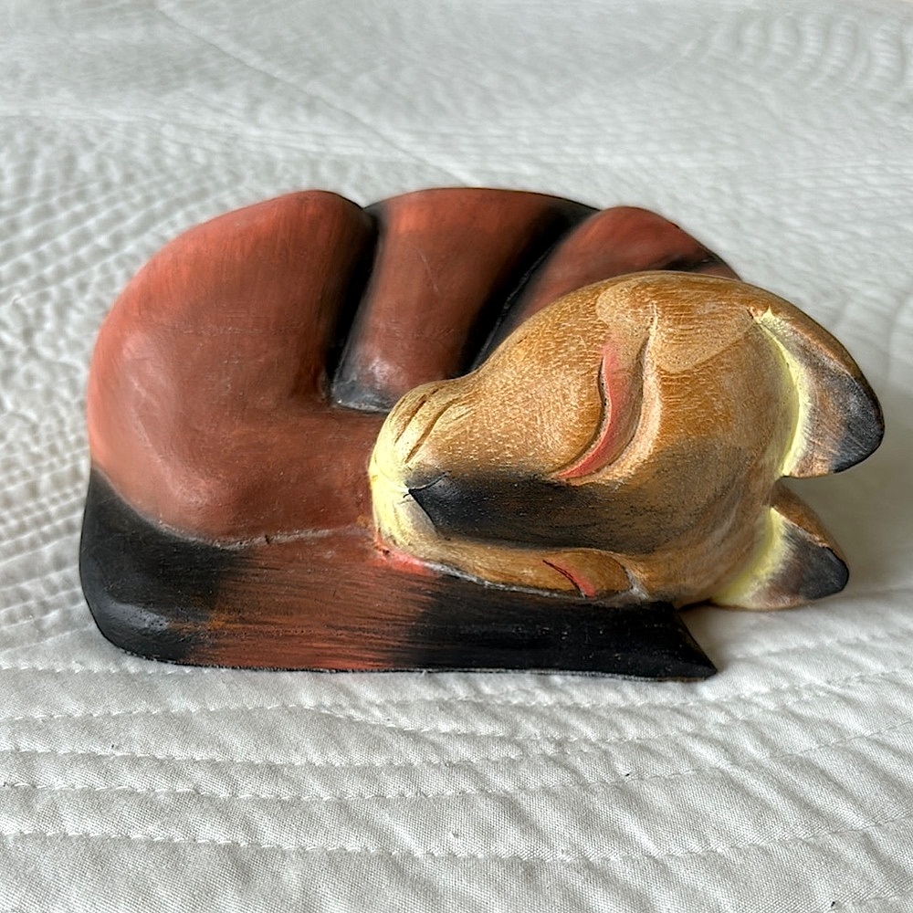 Vintage Wooden Sleeping Cat Carved Stature Figurine Art Primitive Art cat lovers